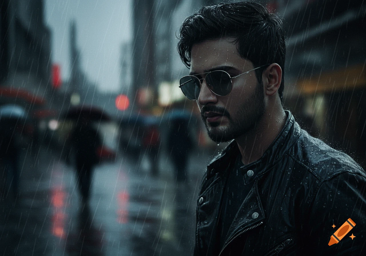 Photorealistic portrait of a brooding man in sunglasses and a leather jacket, standing in the rain on an urban street at night.