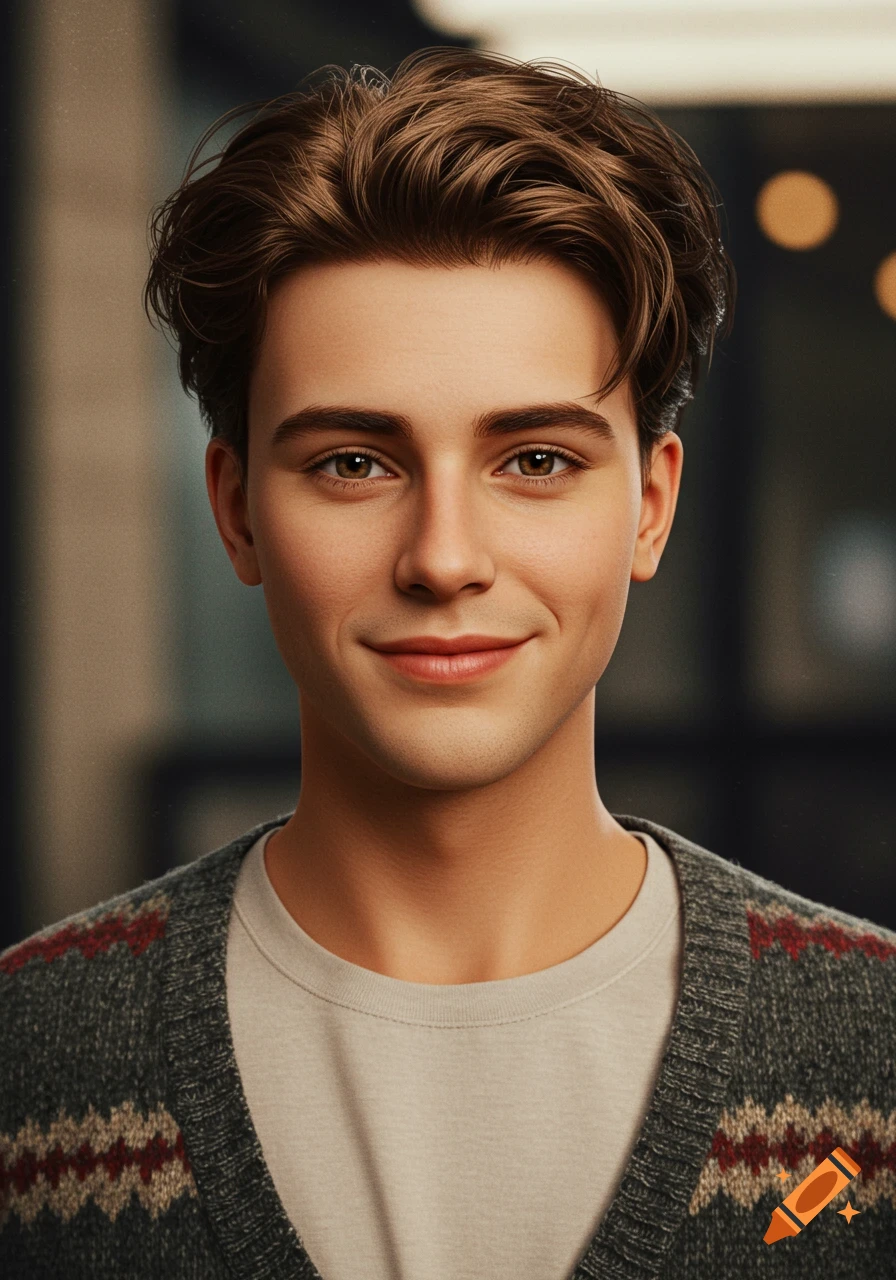 Portrait of a young man with brown hair and gentle brown eyes, wearing a gray patterned cardigan over a t-shirt, smiling softly.