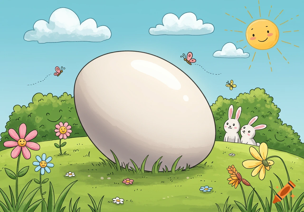 A cheerful cartoon landscape features a giant white egg, two white bunnies, smiling flowers, butterflies, and a smiling sun under a blue sky.