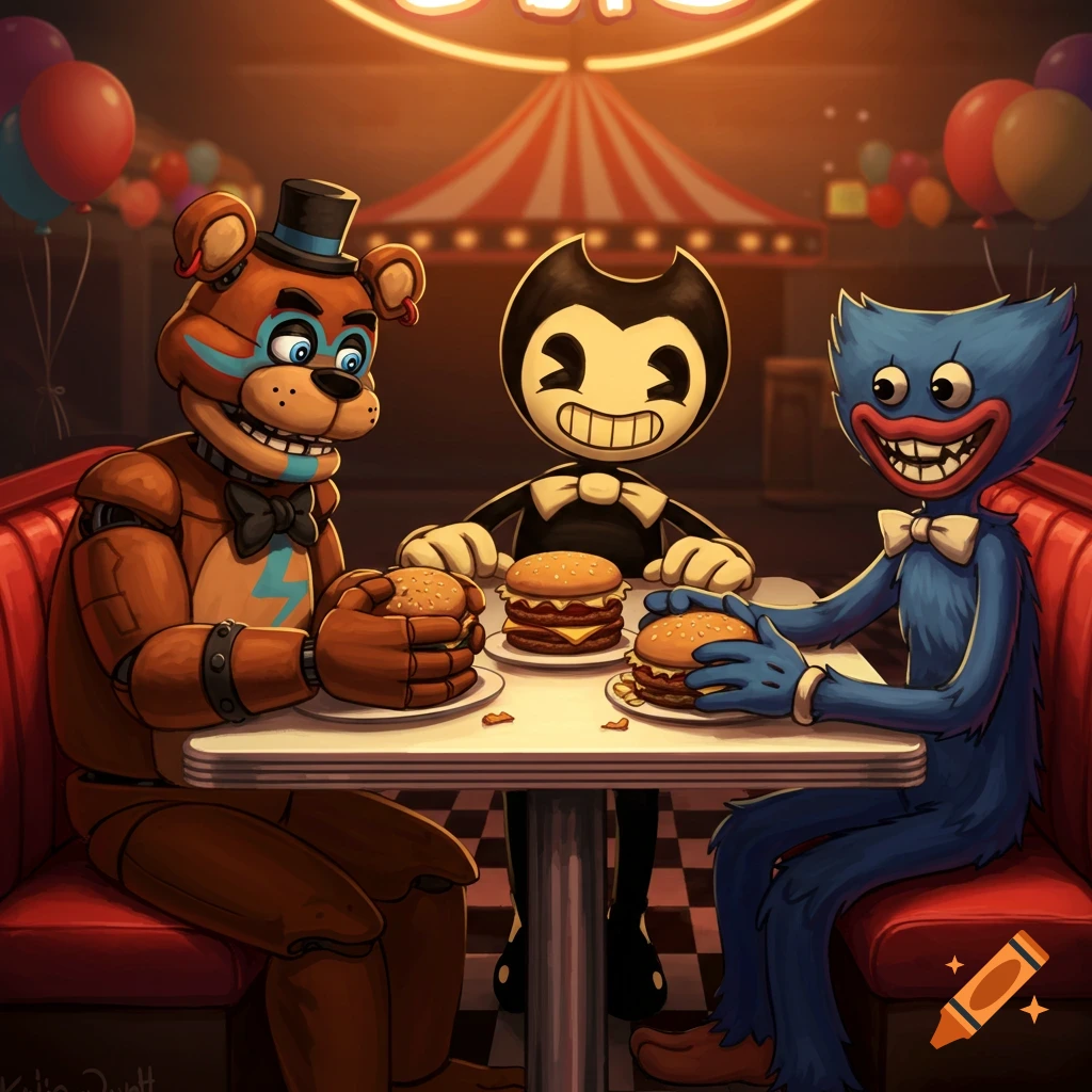 Freddy Fazbear, Bendy, and Huggy Wuggy sit at a diner table, each holding a burger while eyeing the last one, in a cartoon style.