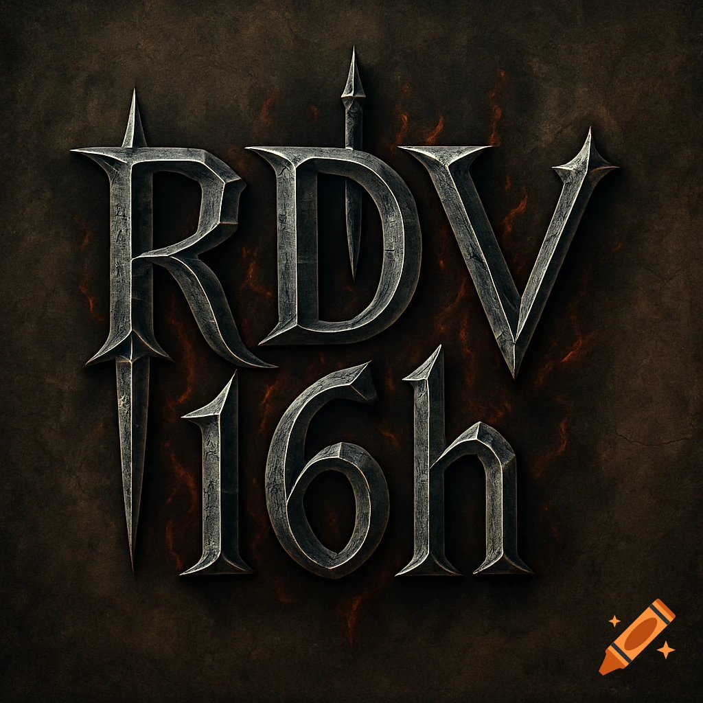 Metallic, warrior-style text 'RDV 16h' on a dark, textured background with red glowing embers.