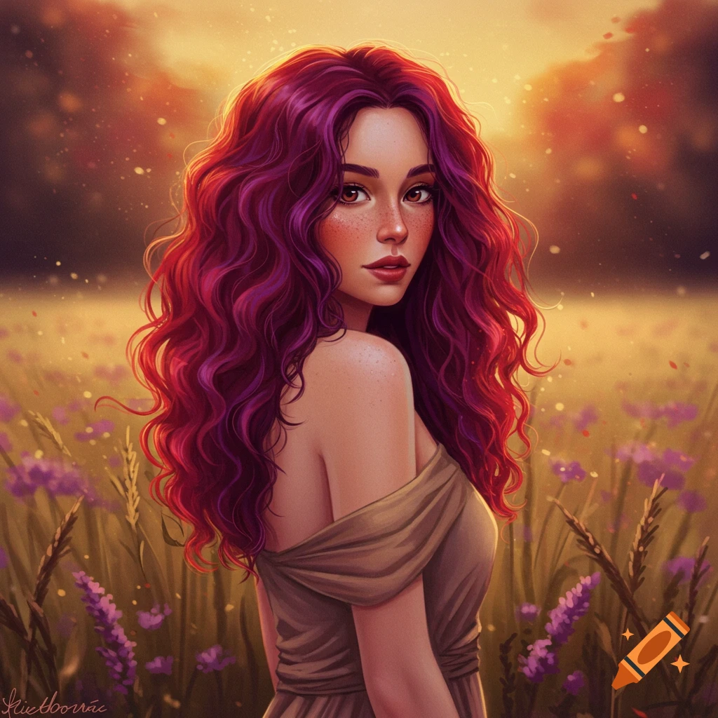 Digital painting of a woman with long red-violet curly hair looking over her shoulder in a golden field with purple flowers at sunset.