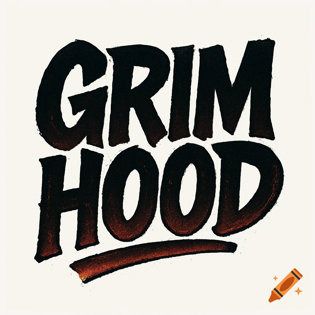 Logo with 'GRIM HOOD' in a bold, textured black font with red-orange shadows and subtle gold highlights, against a white background.
