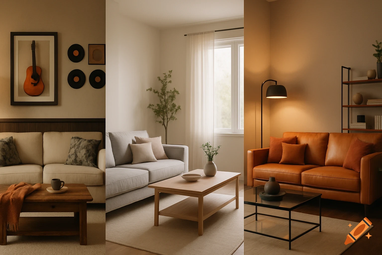 Three distinct, well-decorated living rooms: a cozy rock-inspired space, a neutral calm room, and a warm modern living area.