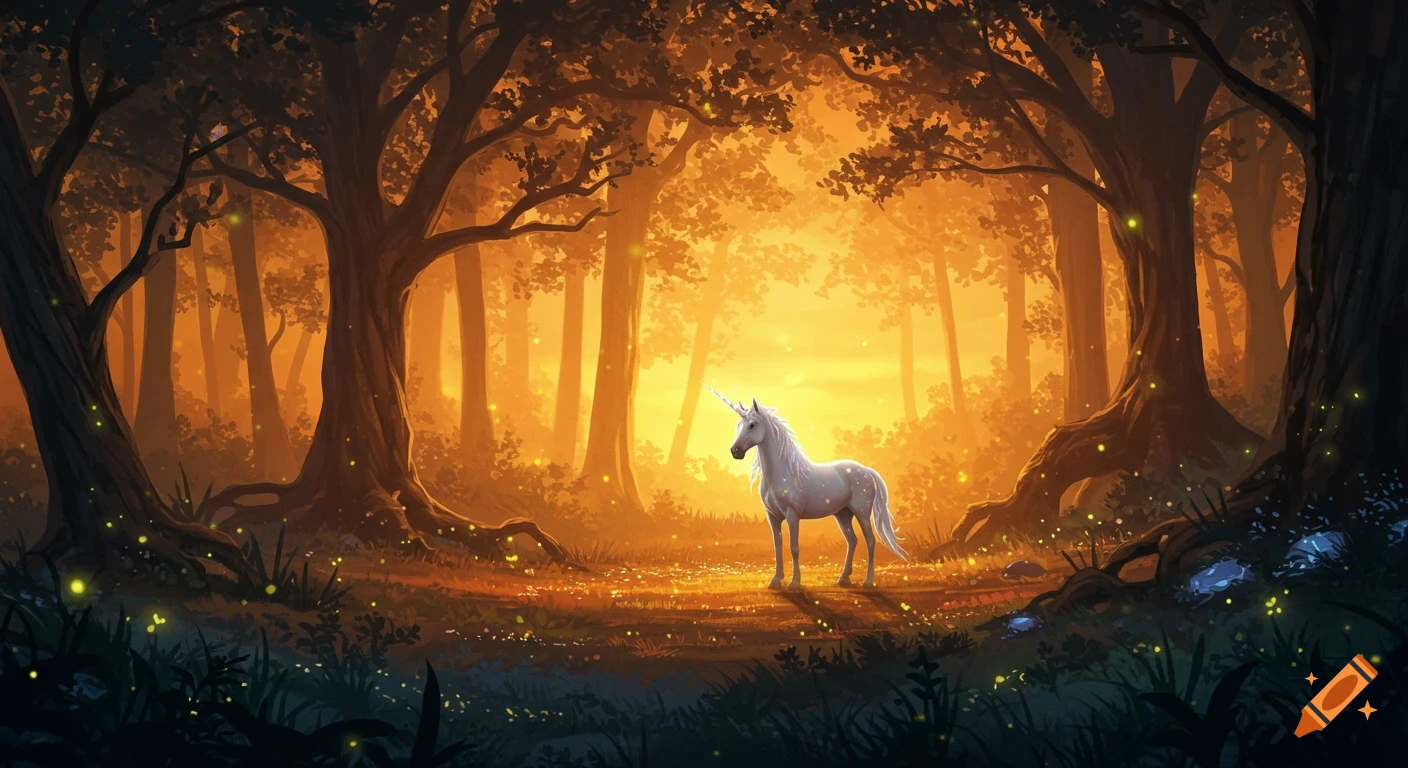 A majestic white unicorn with a glowing horn stands in an enchanted forest, bathed in golden sunset light with glowing plants.