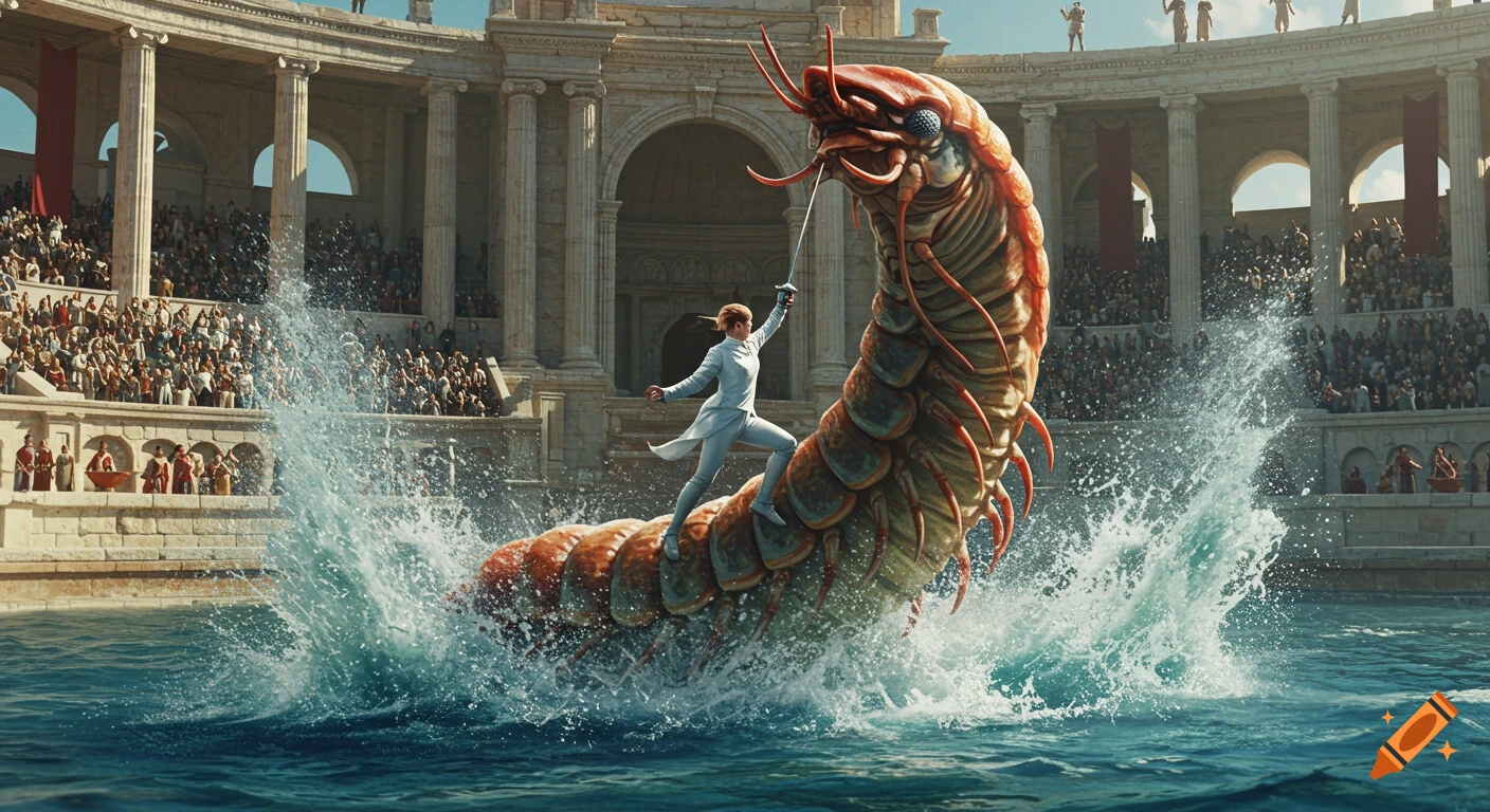 A person in white battles a giant centipede-like creature with a sword, amidst splashing water in an ancient stadium. Photorealistic.
