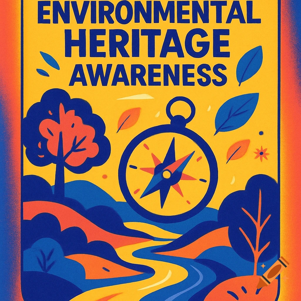 Vibrant graphic design poster with ENVIRONMENTAL HERITAGE AWARENESS text, showing a landscape with trees, river, and a compass.