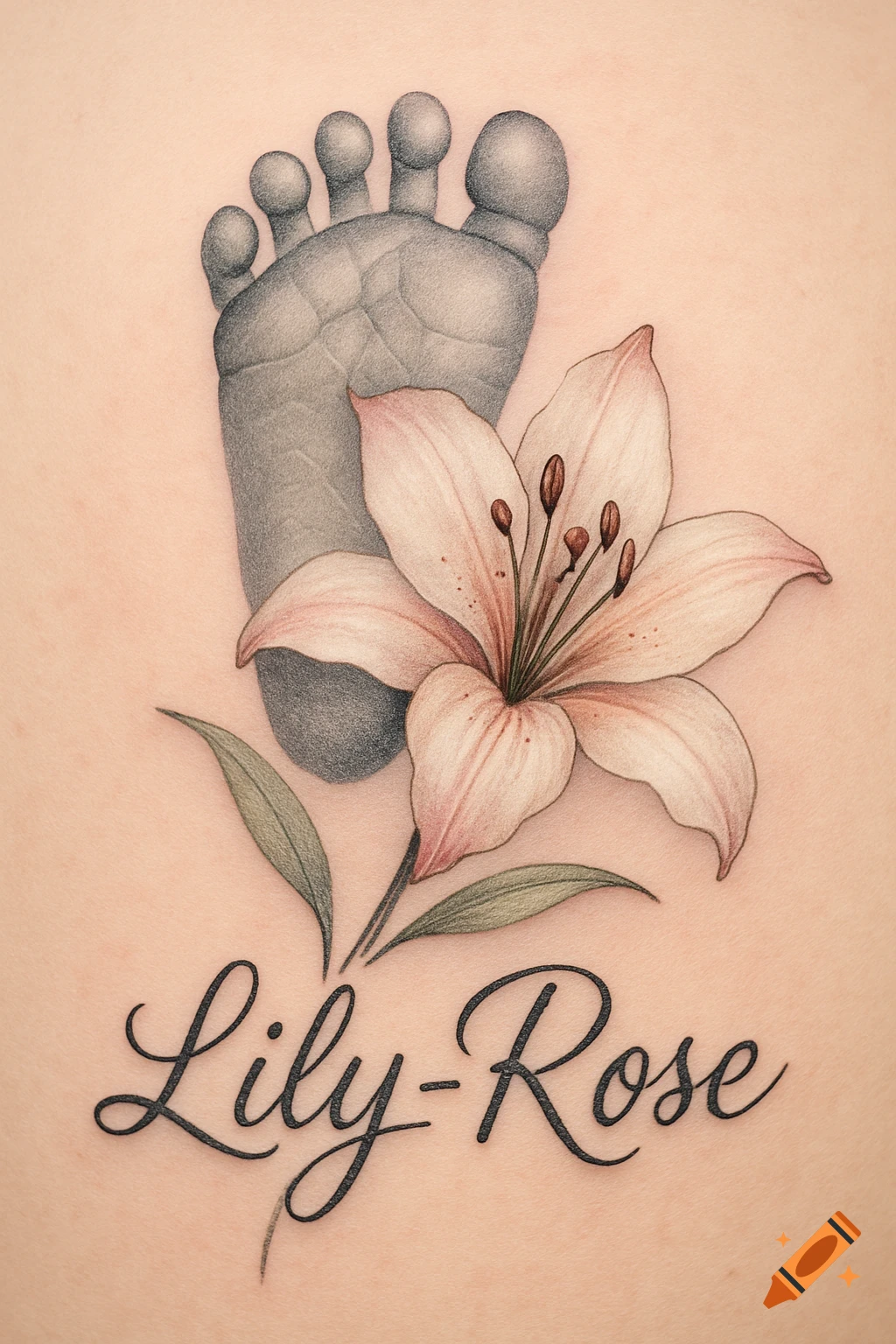Tattoo of a gray baby footprint with a pink lily and green leaves, and the name Lily-Rose in script below, on skin.