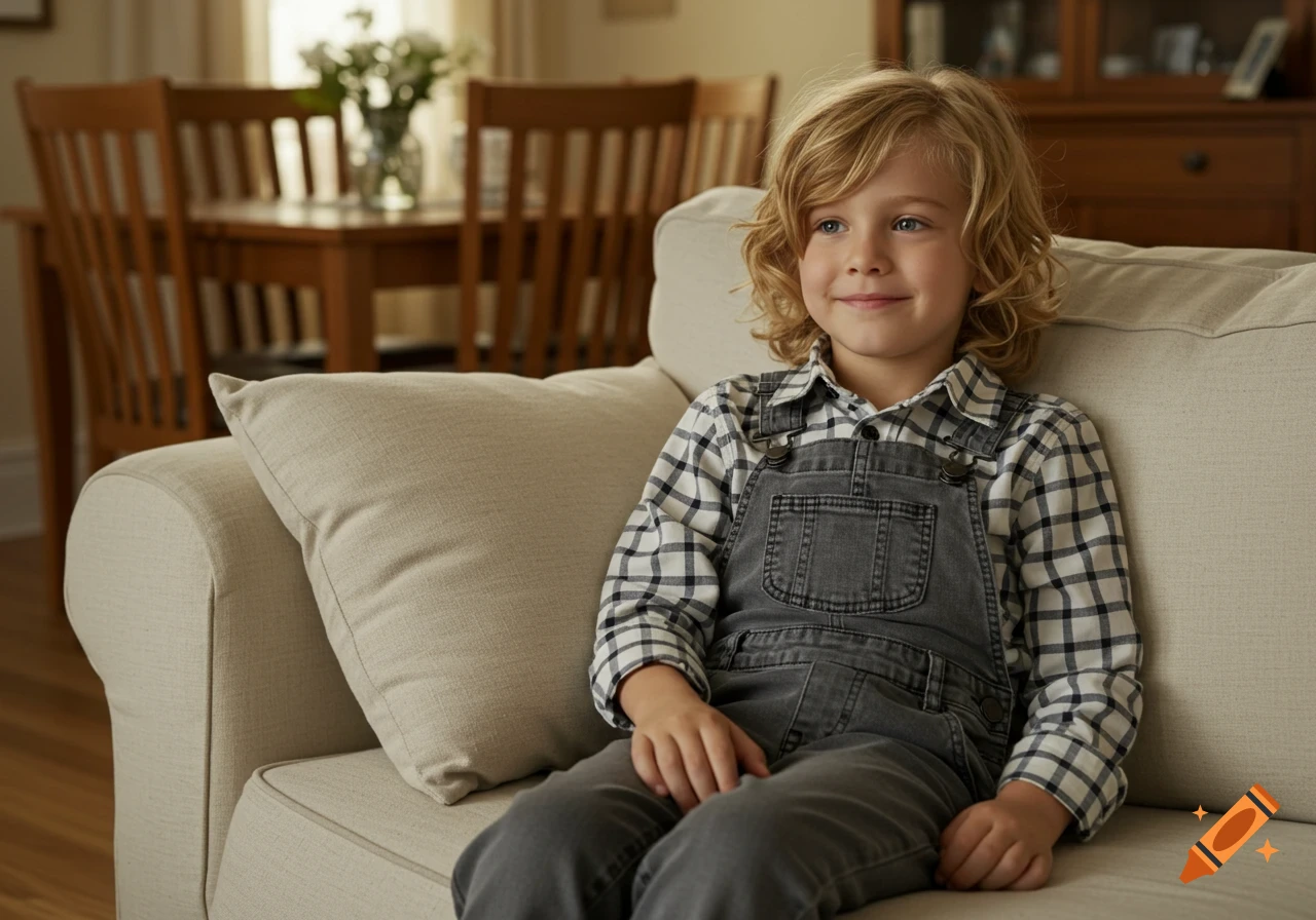 A smiling boy with blond curly hair sits on a cream sofa in a living room, wearing a plaid shirt and grey overalls.