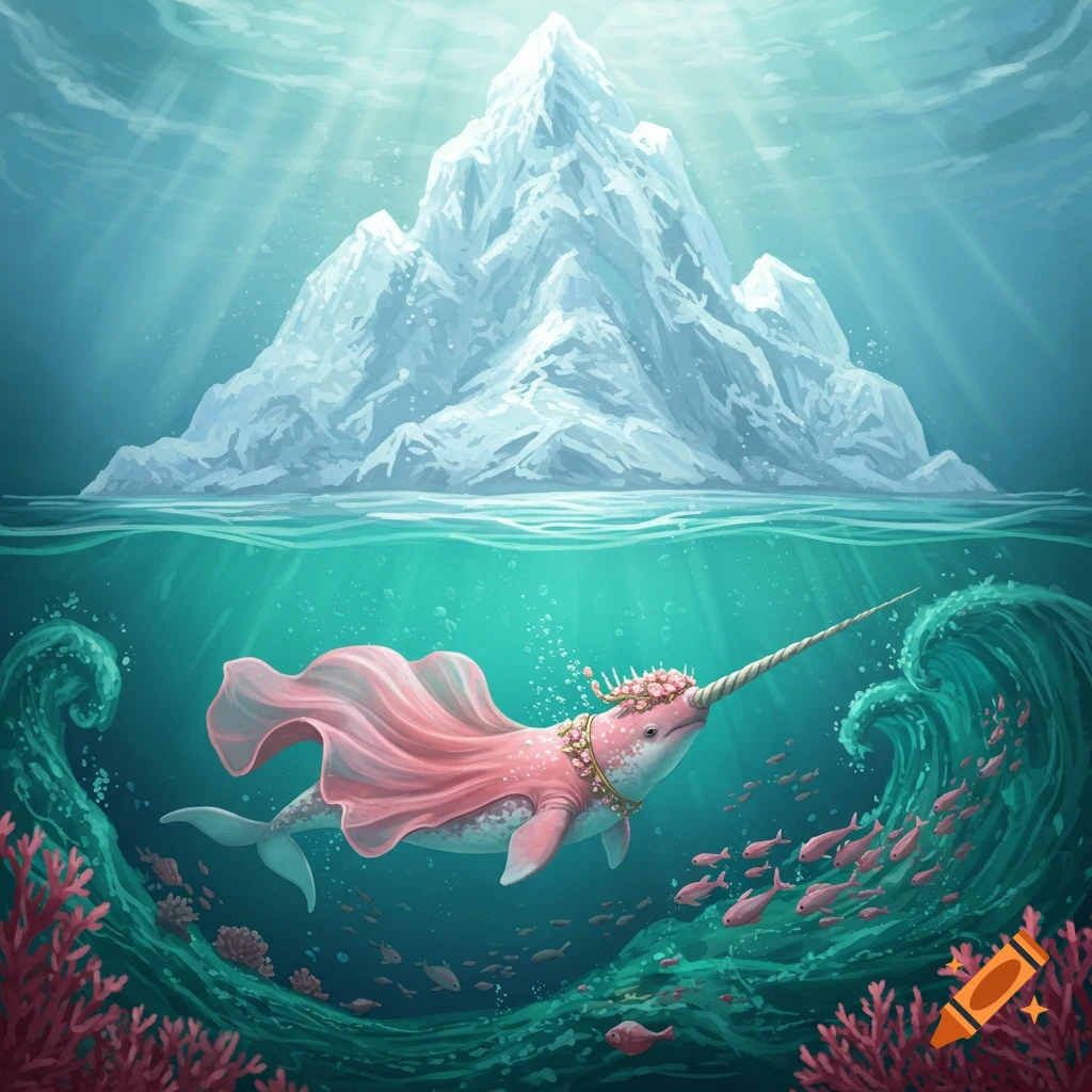 A pink narwhal in a flowing cape and crown swims under an iceberg in a vibrant underwater fantasy scene with coral and fish.