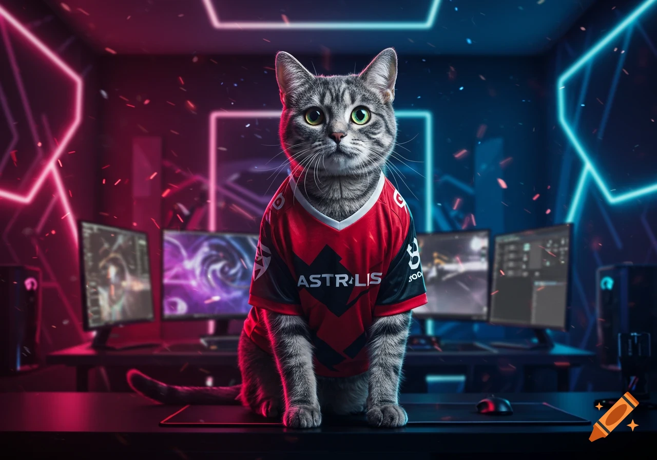 A grey tabby cat wearing a red and black Astralis esports jersey sits on a desk in a neon-lit gaming room.