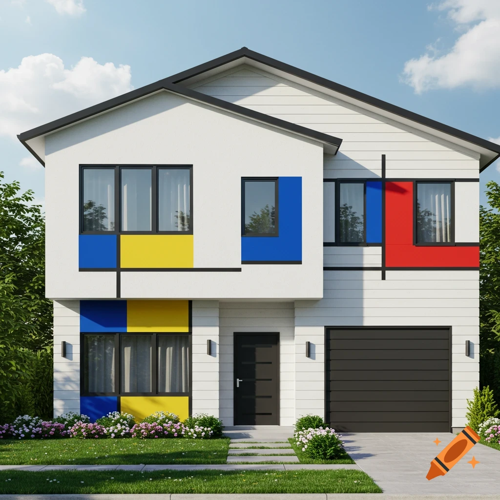 A modern white two-story house with a Mondrian-inspired design featuring red, blue, and yellow geometric panels, a black roof, and a green lawn.