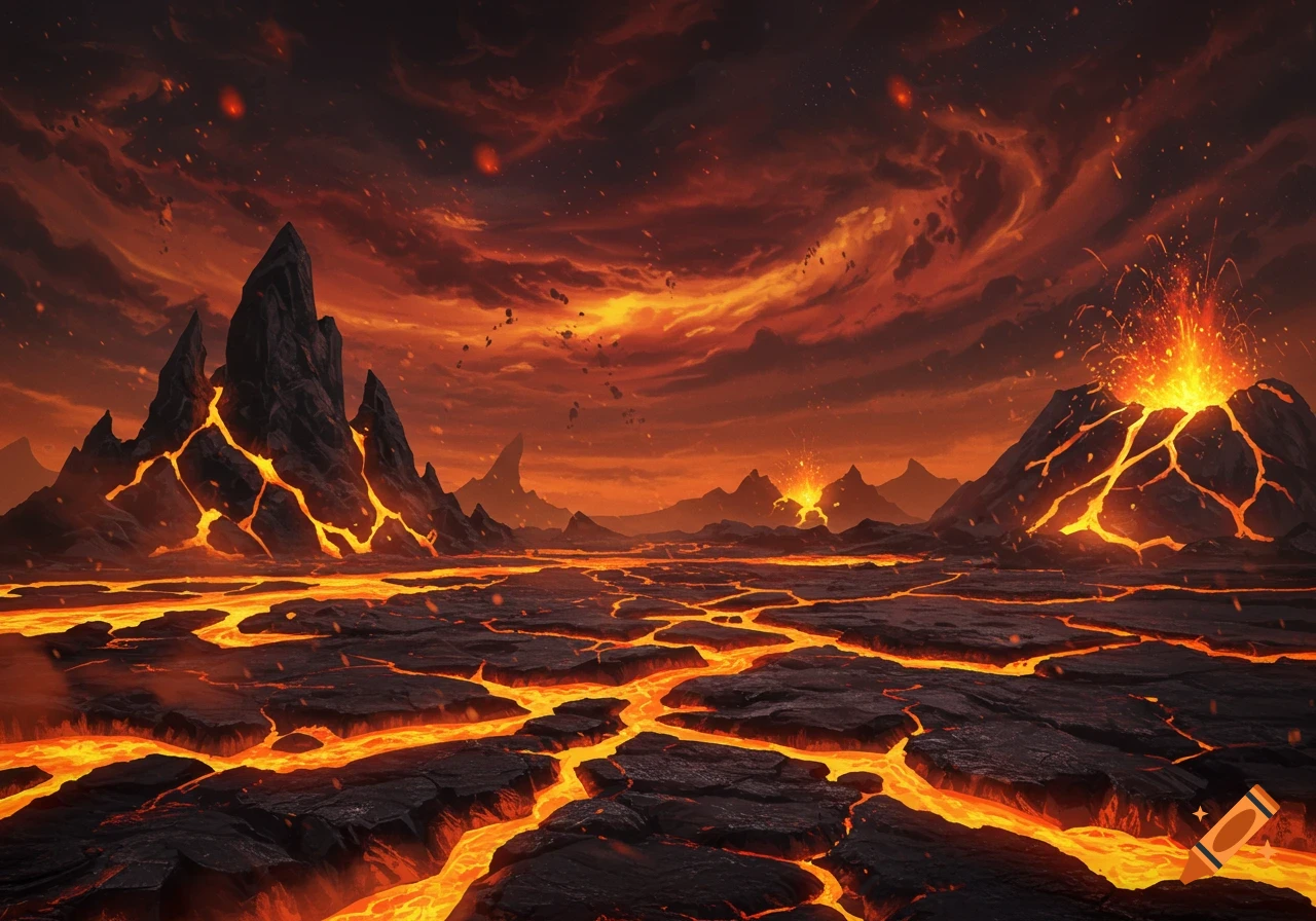 A dramatic volcanic landscape with jagged black rocks, glowing orange magma rivers, and an erupting volcano under a fiery red and orange sky.
