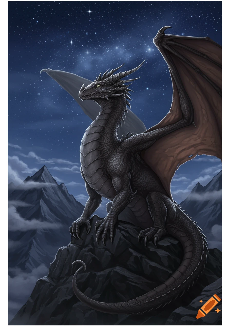 A detailed fantasy illustration of a dark grey dragon with green eyes perched on a rocky mountain under a starry night sky.