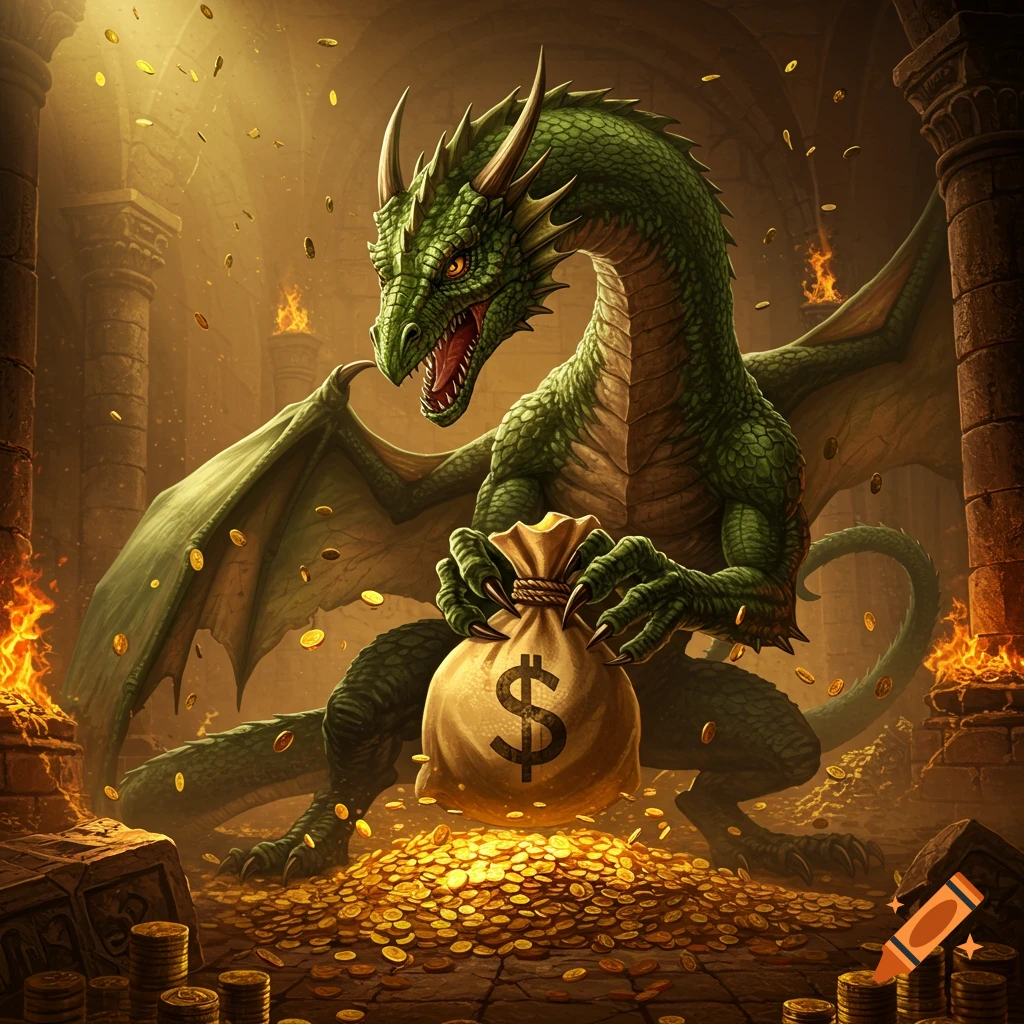 A fierce green dragon holds a money bag, surrounded by glittering gold coins in a dark, ancient dungeon.