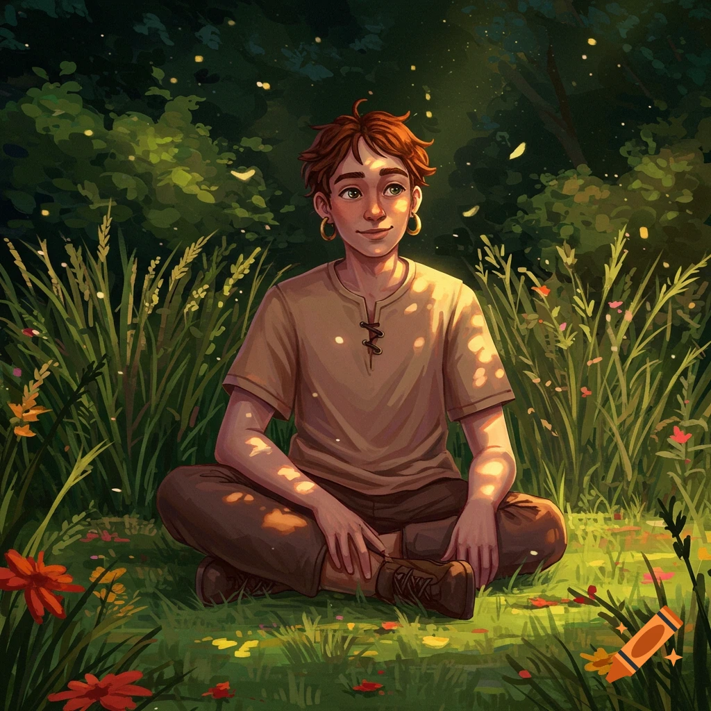 A digital illustration of a young person with golden earrings sitting cross-legged in a vibrant, sun-dappled forest among tall grass and wildflowers.