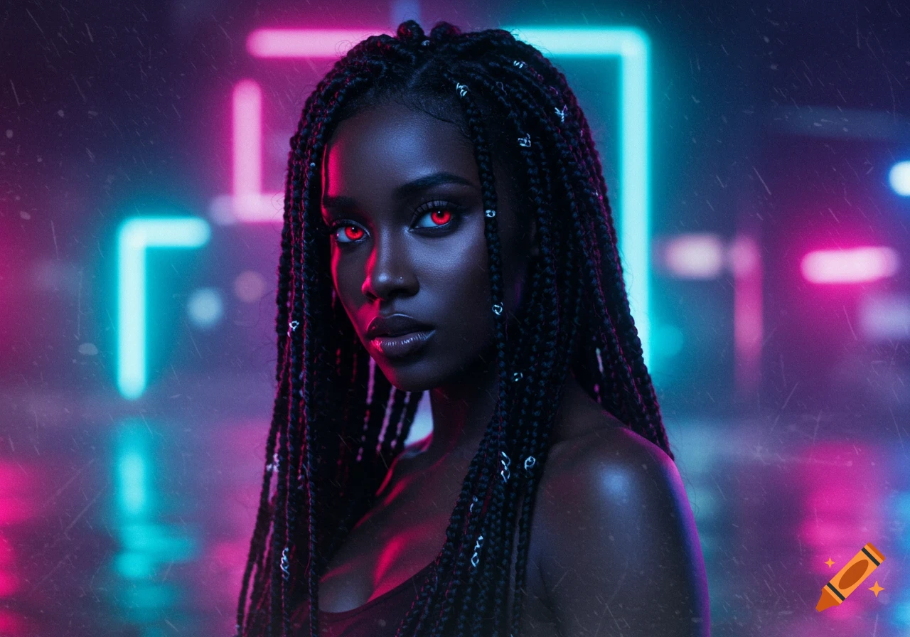 Portrait of a young black woman with bright red eyes and box braids, bathed in neon pink and blue light in a cyberpunk setting.