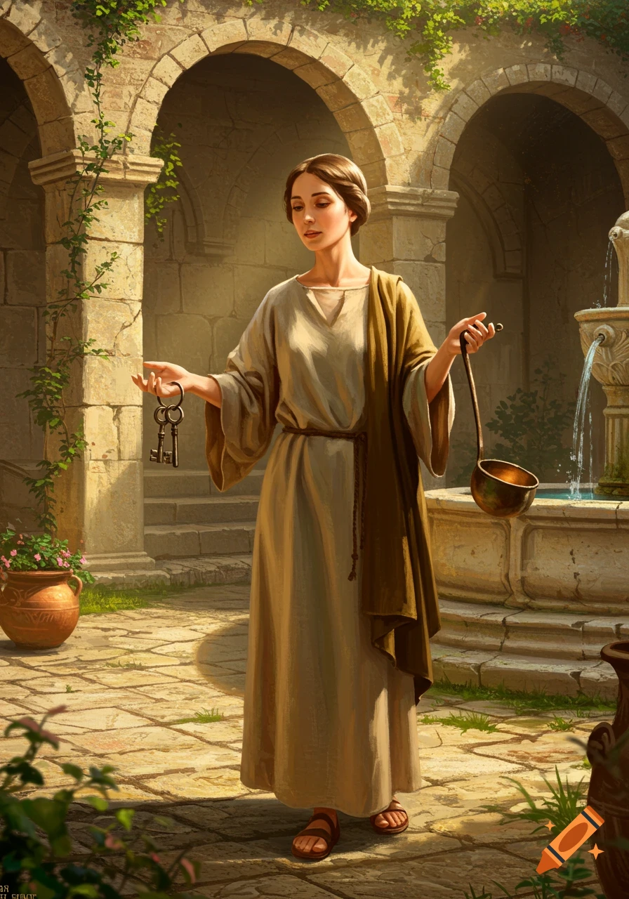 A painterly depiction of an early Christian woman in a tunic, holding keys and a ladle in a sunlit stone courtyard with a fountain.