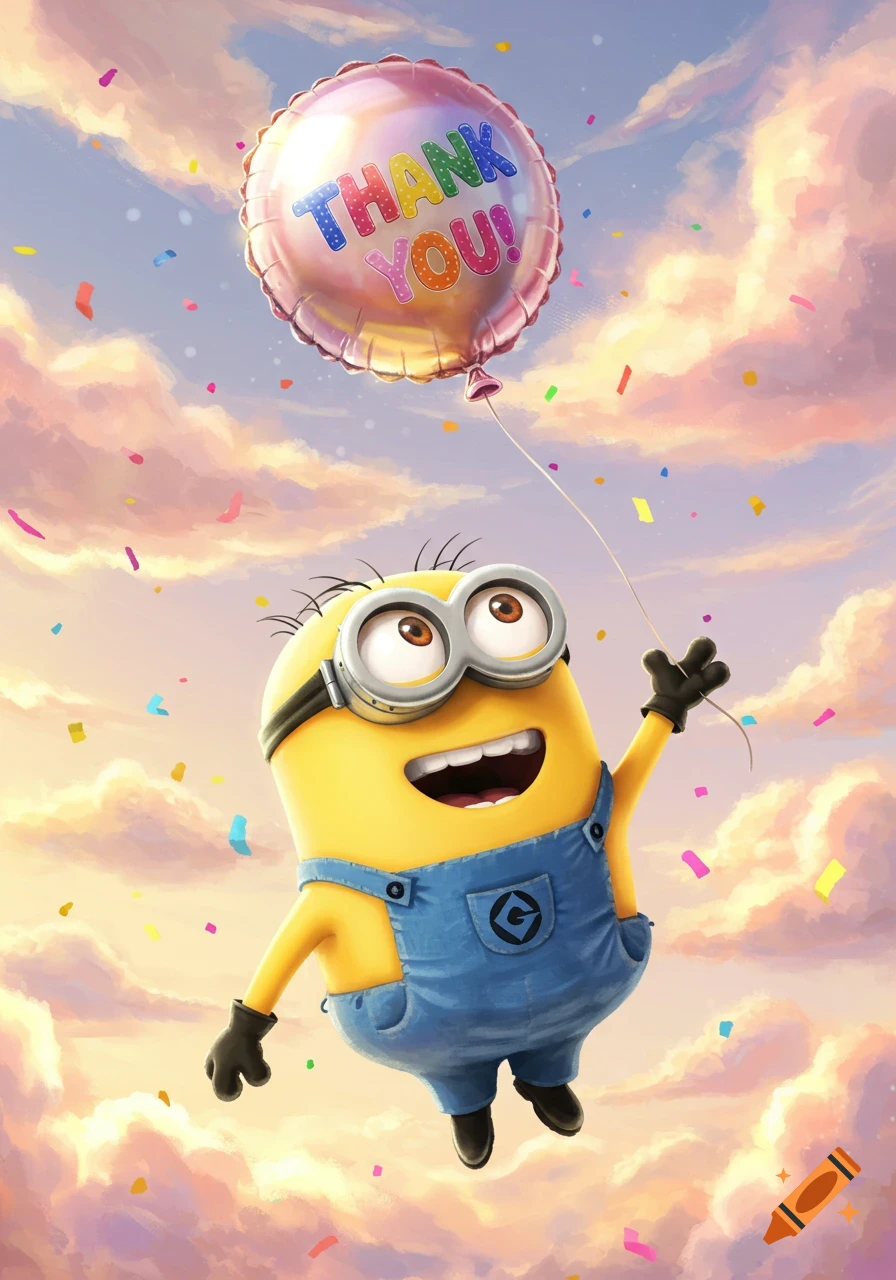 A happy Minion floats in a cloudy sky, holding a pink balloon that says 'THANK YOU!' with colorful confetti falling around.