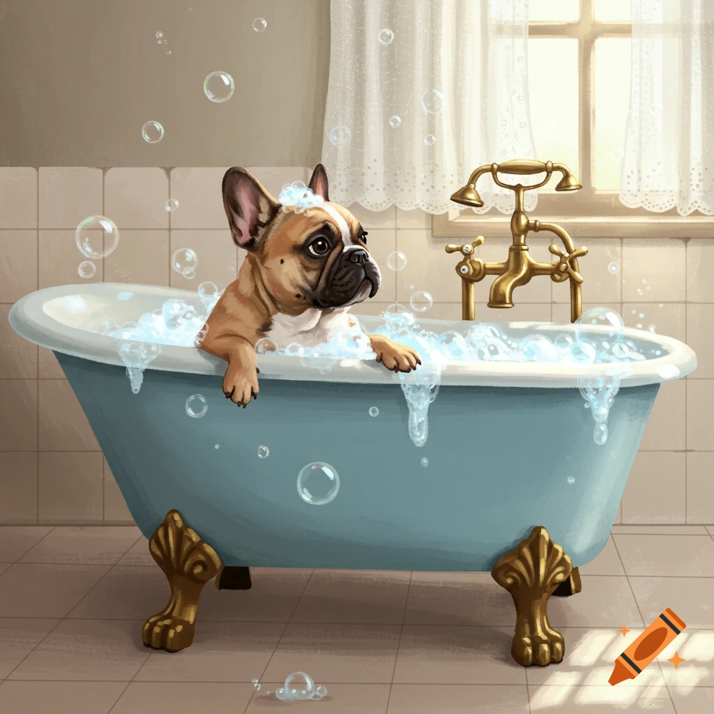 An illustrated French bulldog takes a bubble bath in a blue clawfoot tub in a sunny bathroom.