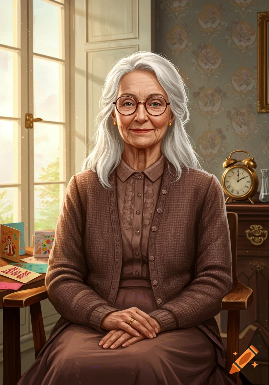 A detailed portrait of a smiling elderly woman with glasses and long white hair, seated in a sunlit room.
