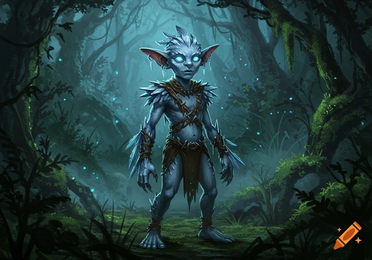 A pale blue goblin-like creature with glowing eyes and ice-like feathers stands in a dark, mystical forest with glowing blue particles.