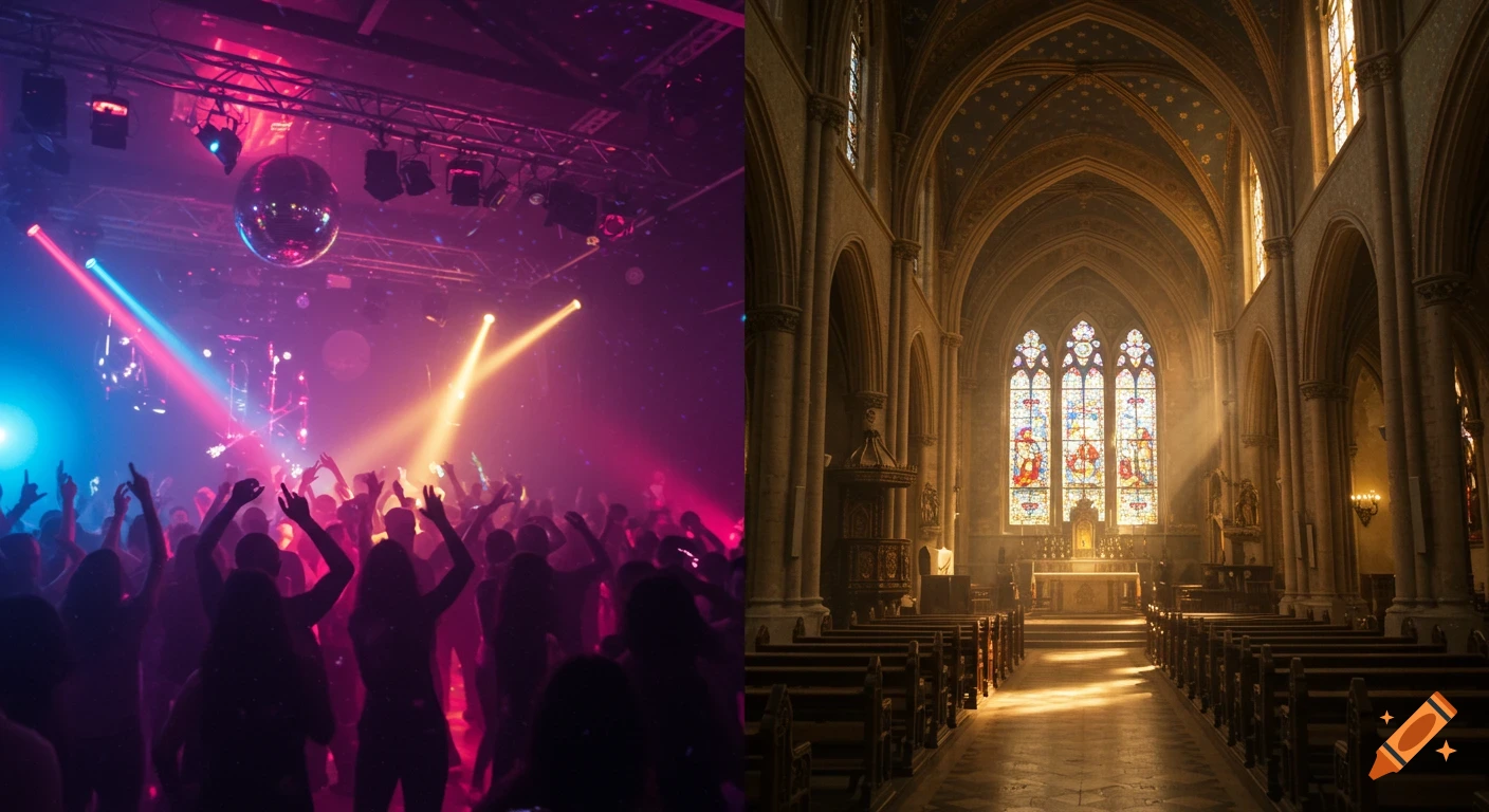 Left: a vibrant nightclub with dancing people, neon lights. Right: a serene church interior with stained glass, sunlight.