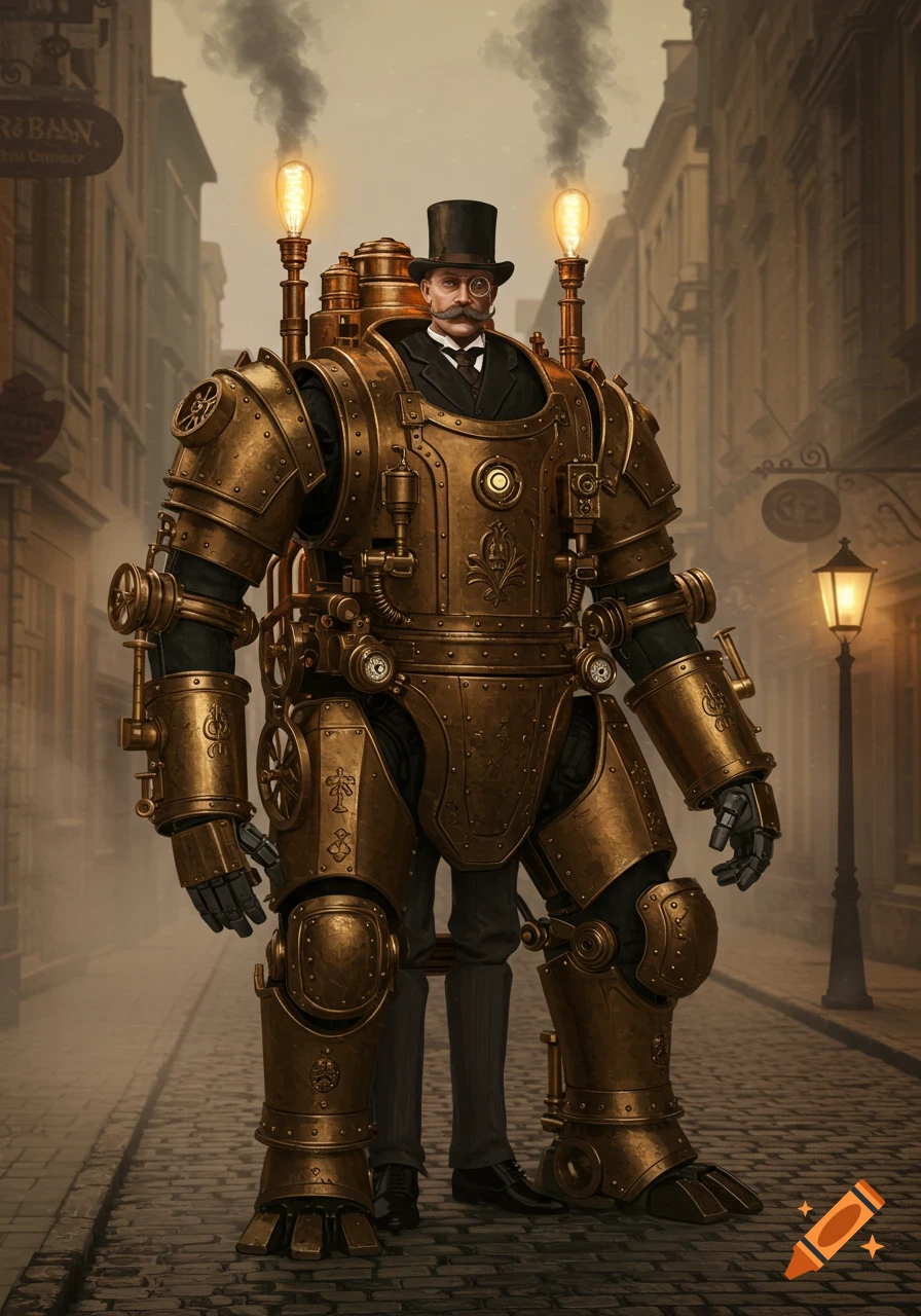 A man in a detailed brass steampunk exoskeleton stands on a cobblestone street in a Victorian city.