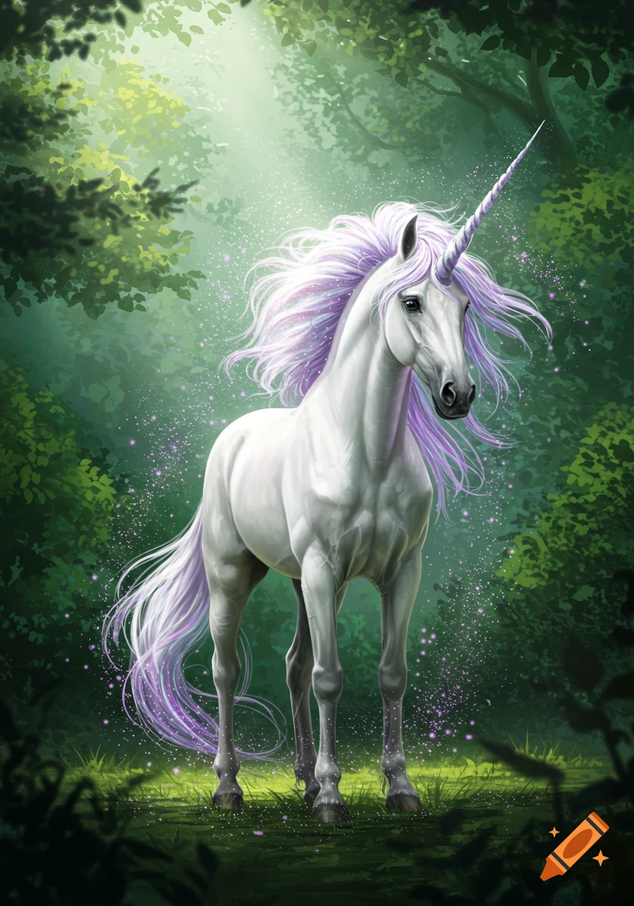 A majestic white unicorn with a flowing purple mane and horn stands in a magical, sunlit green forest with sparkling dust.