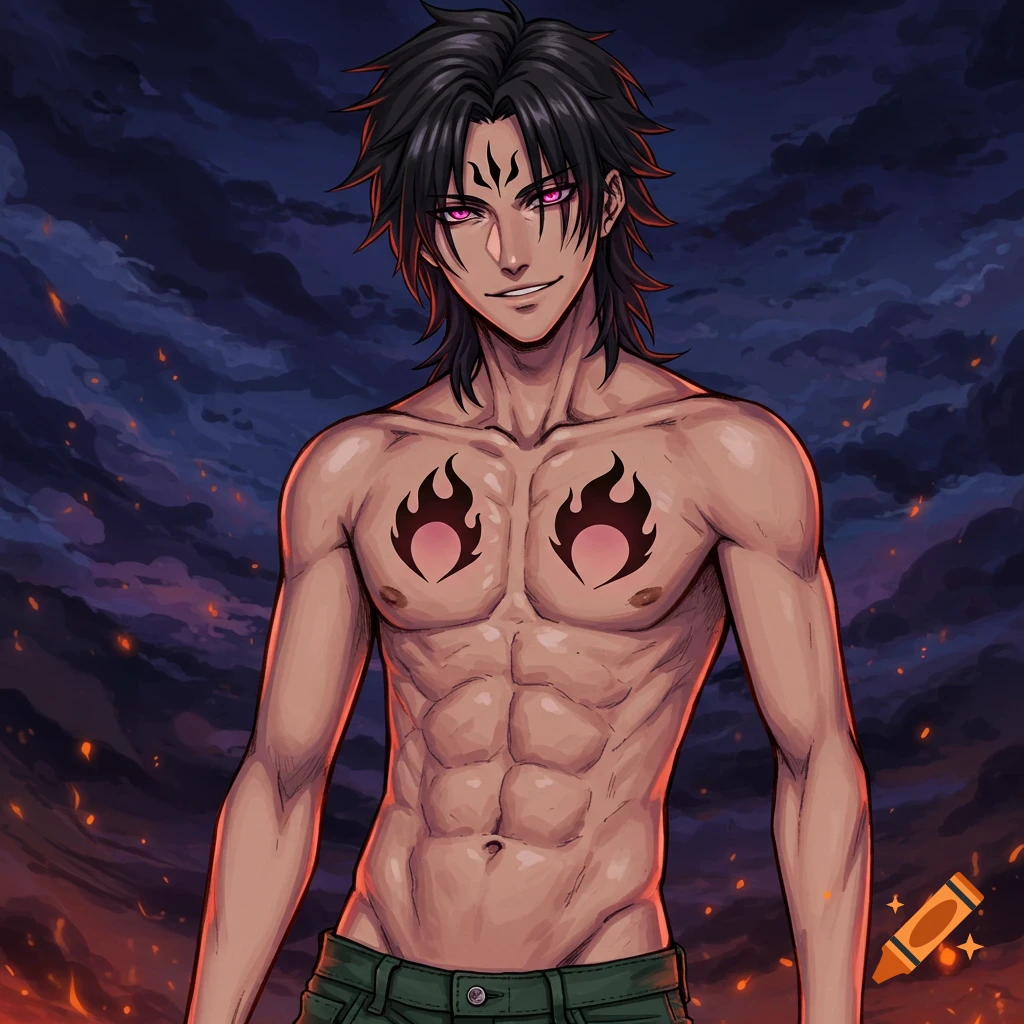 Anime male character with black spiky hair, pink eyes, fire symbols on forehead and chest, smirking, against a fiery dark sky.