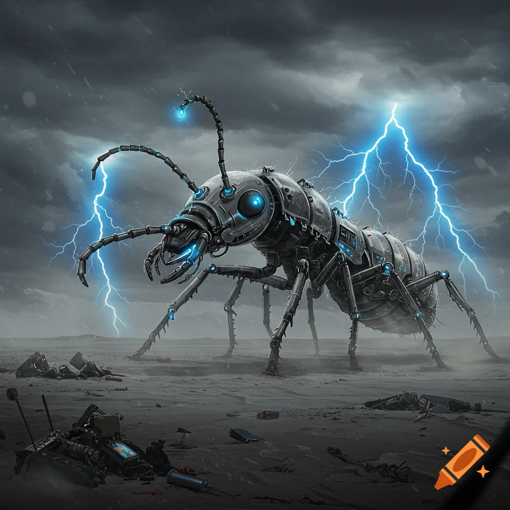 A giant, dark metallic robot ant with glowing blue parts stands in a stormy, barren landscape with lightning.