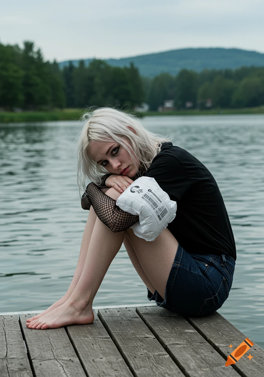 A bleach-blonde goth woman sits on a wooden dock by a lake, resting her chin on her knees, looking worried. Photorealistic.