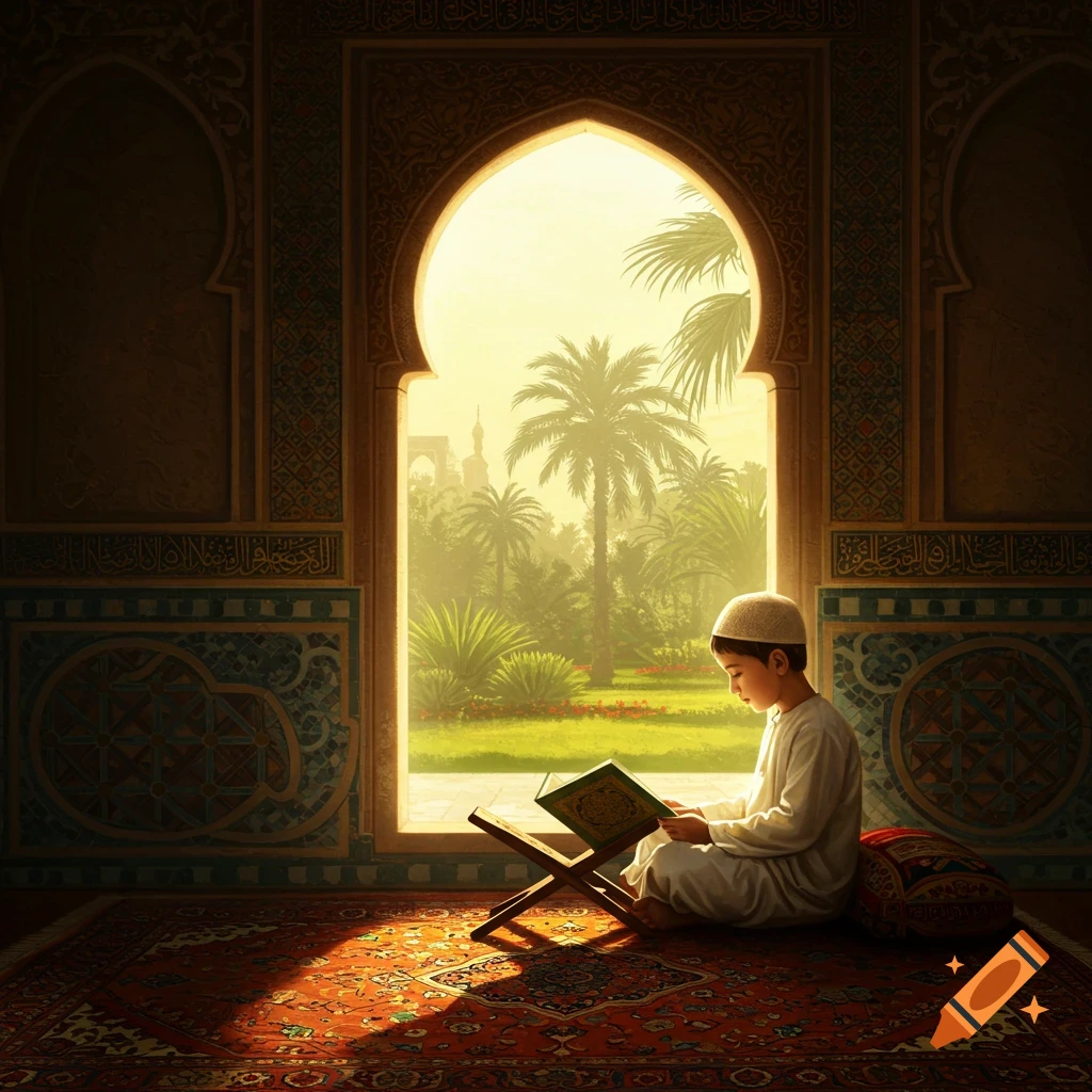 A young boy sits on a patterned rug in an ornately decorated room, reading a book on a stand by a sunlit archway overlooking palm trees.