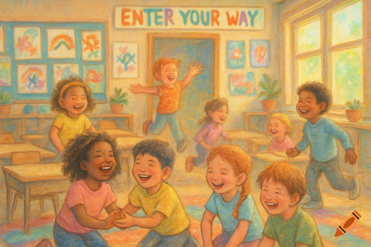 An inclusive elementary classroom illustration with diverse children laughing and playing, a 'ENTER YOUR WAY' sign above the door.