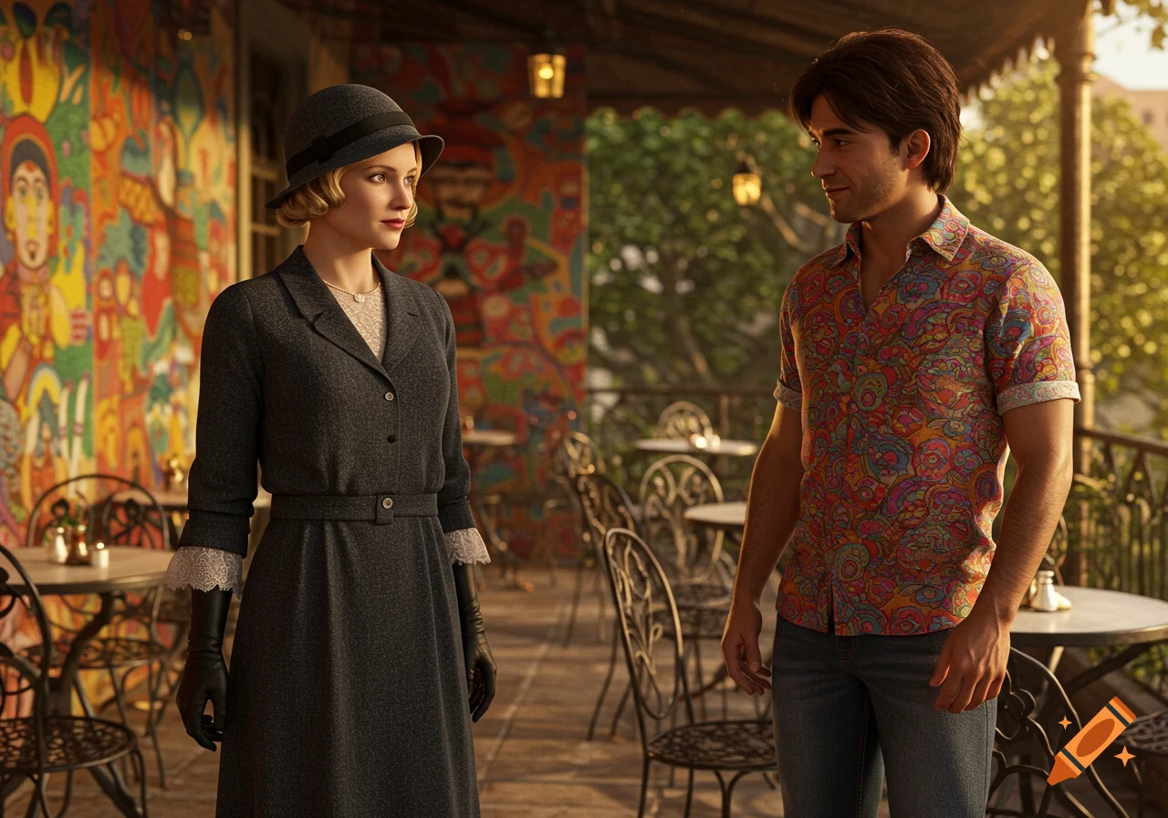 A woman in a grey dress and hat looks at a man in a colorful patterned shirt on an outdoor cafe terrace.