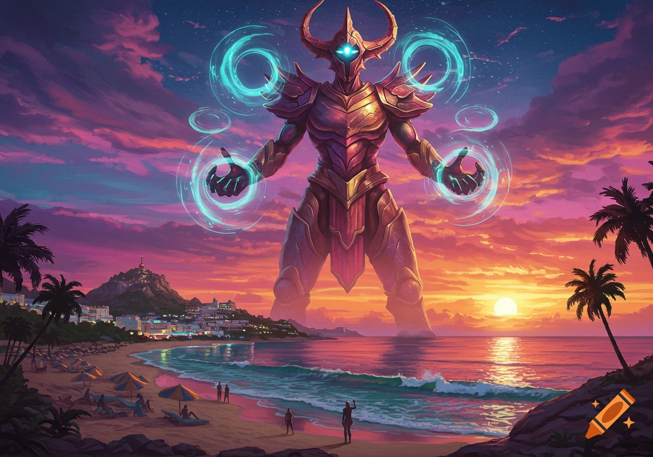 Giant horned monster with glowing energy stands in the ocean off a tropical beach at sunset, with a town in the background.