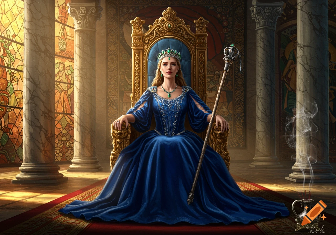 A queen in a blue gown sits on a golden throne in a grand hall with stained glass windows, holding a scepter.