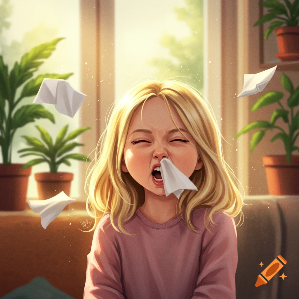 Cartoon illustration of a blonde girl sneezing with a tissue in her nose, surrounded by floating tissues and plants.