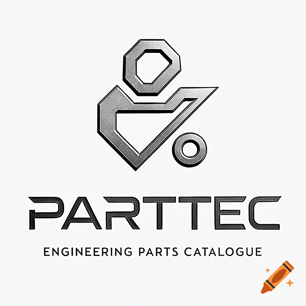A minimalist, futuristic logo for PARTTEC, featuring a geometric metallic symbol and the text 'Engineering Parts Catalogue'.