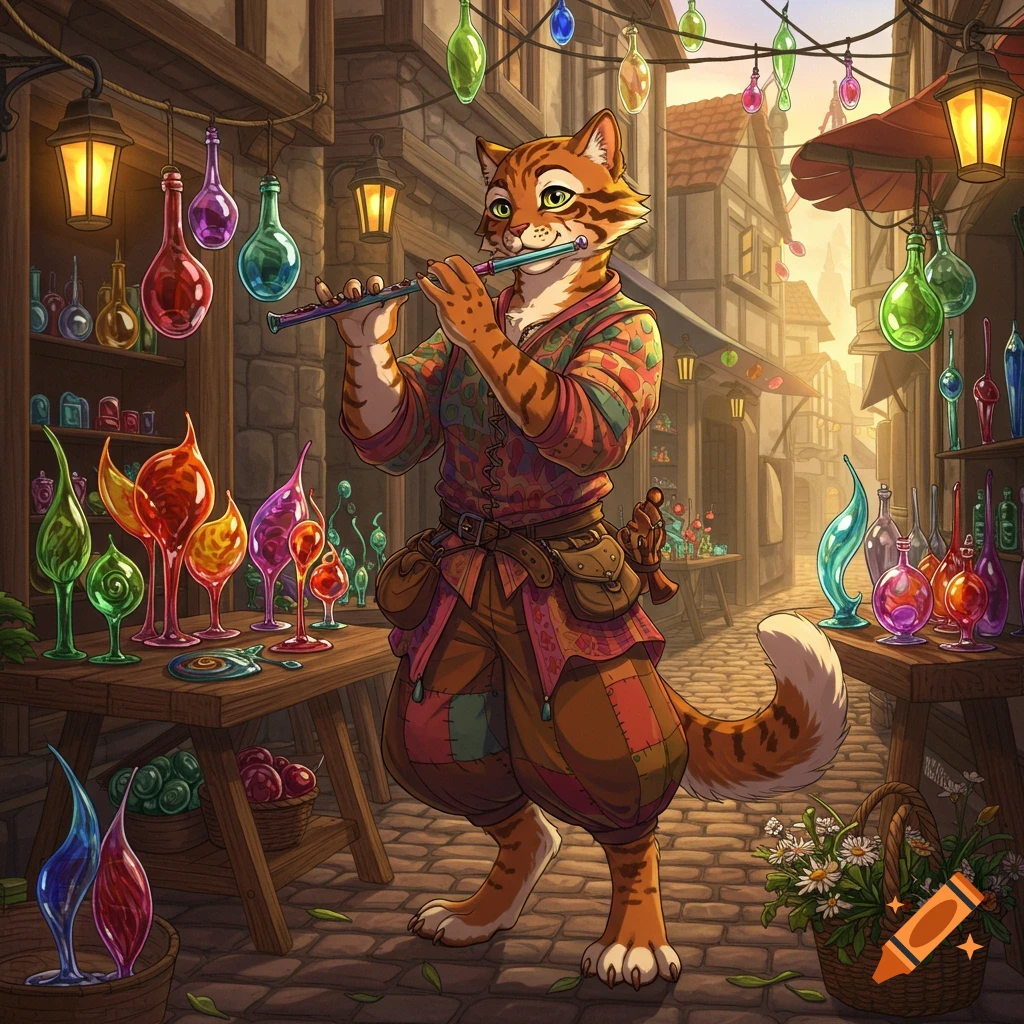 A ginger anthropomorphic cat plays a flute in a bustling fantasy market street filled with colorful glass bottles, digital art.