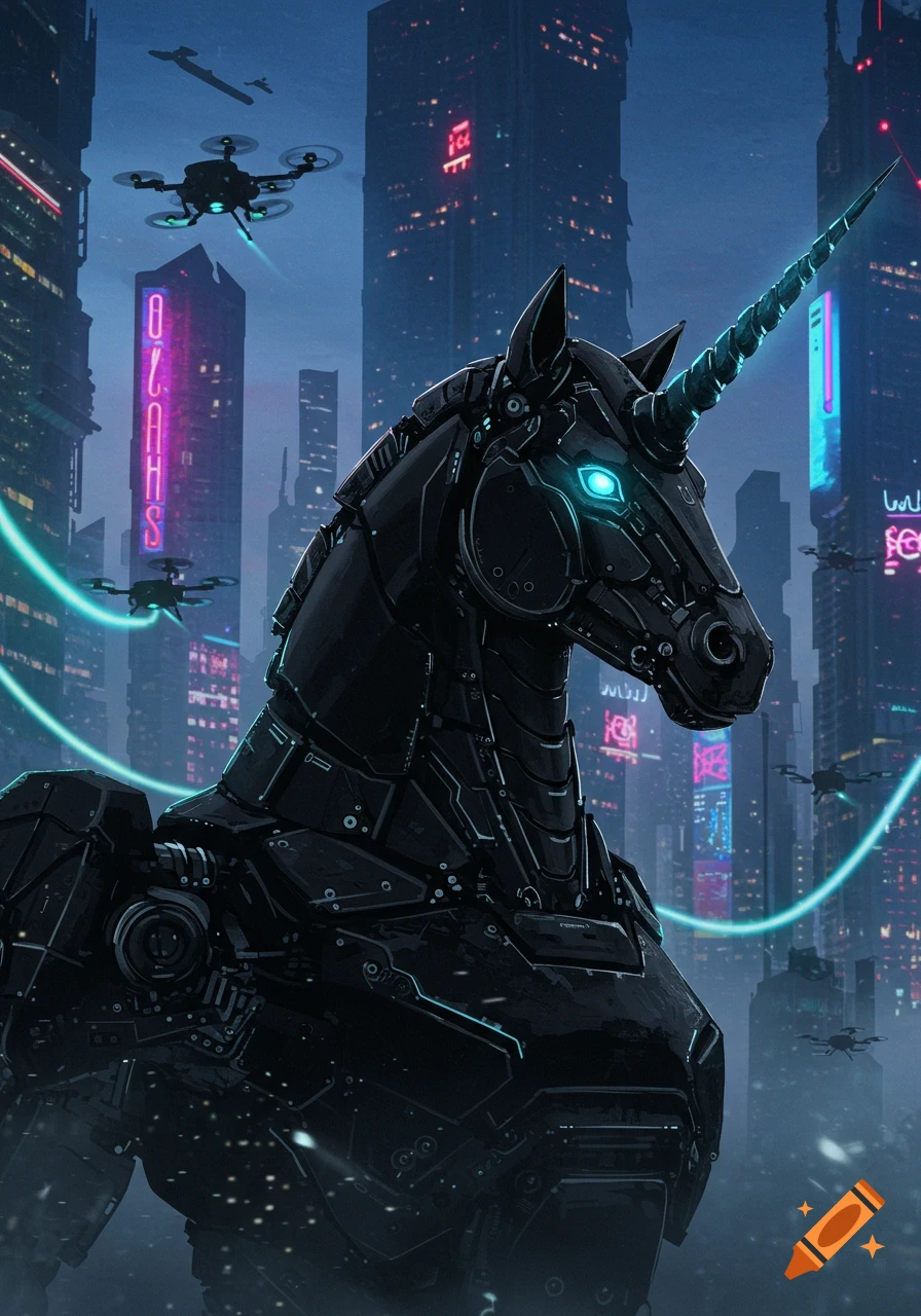A black robotic unicorn with glowing blue eyes stands in a futuristic cyberpunk city with neon-lit skyscrapers and flying drones, digital art.