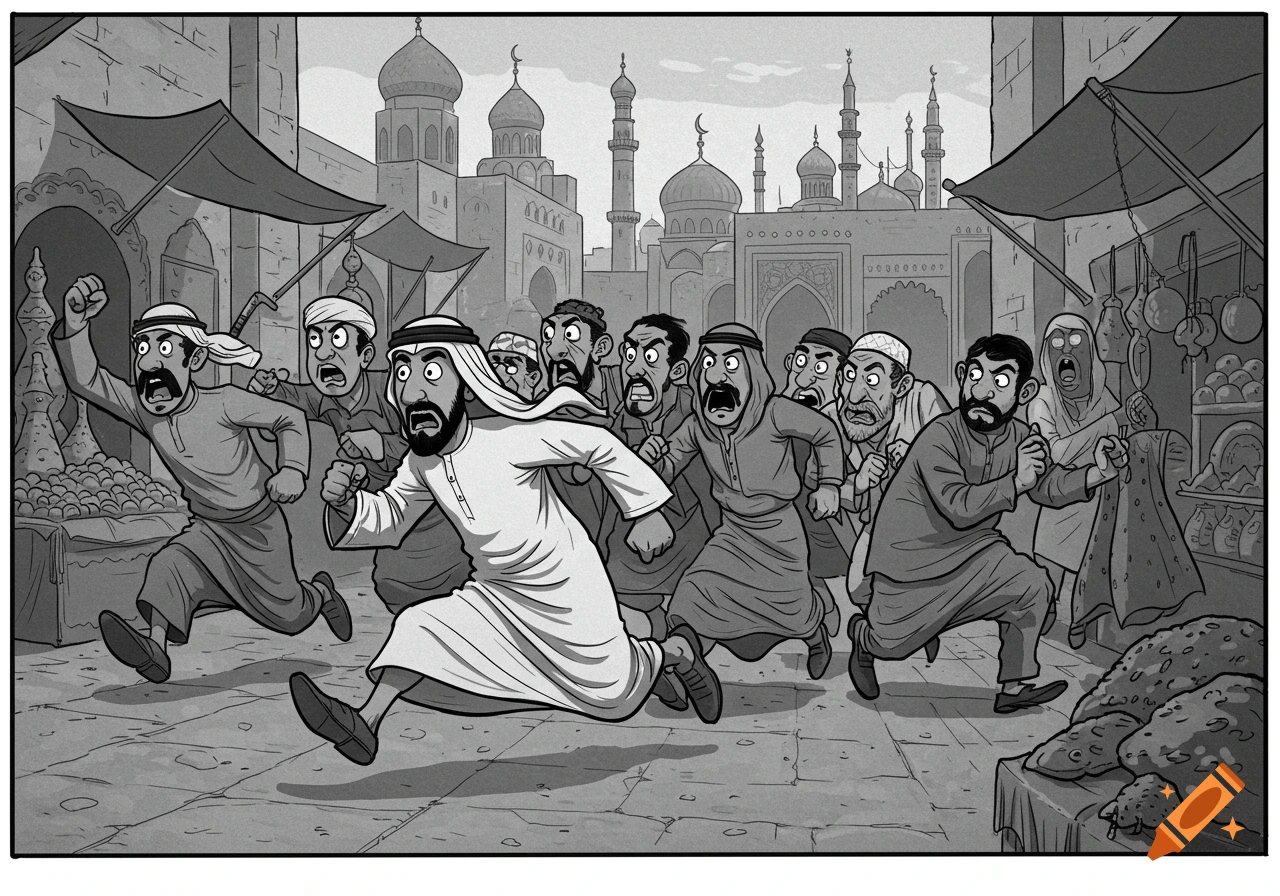 A black and white cartoon of Middle Eastern men in traditional attire running through a market street, one fleeing an angry mob.