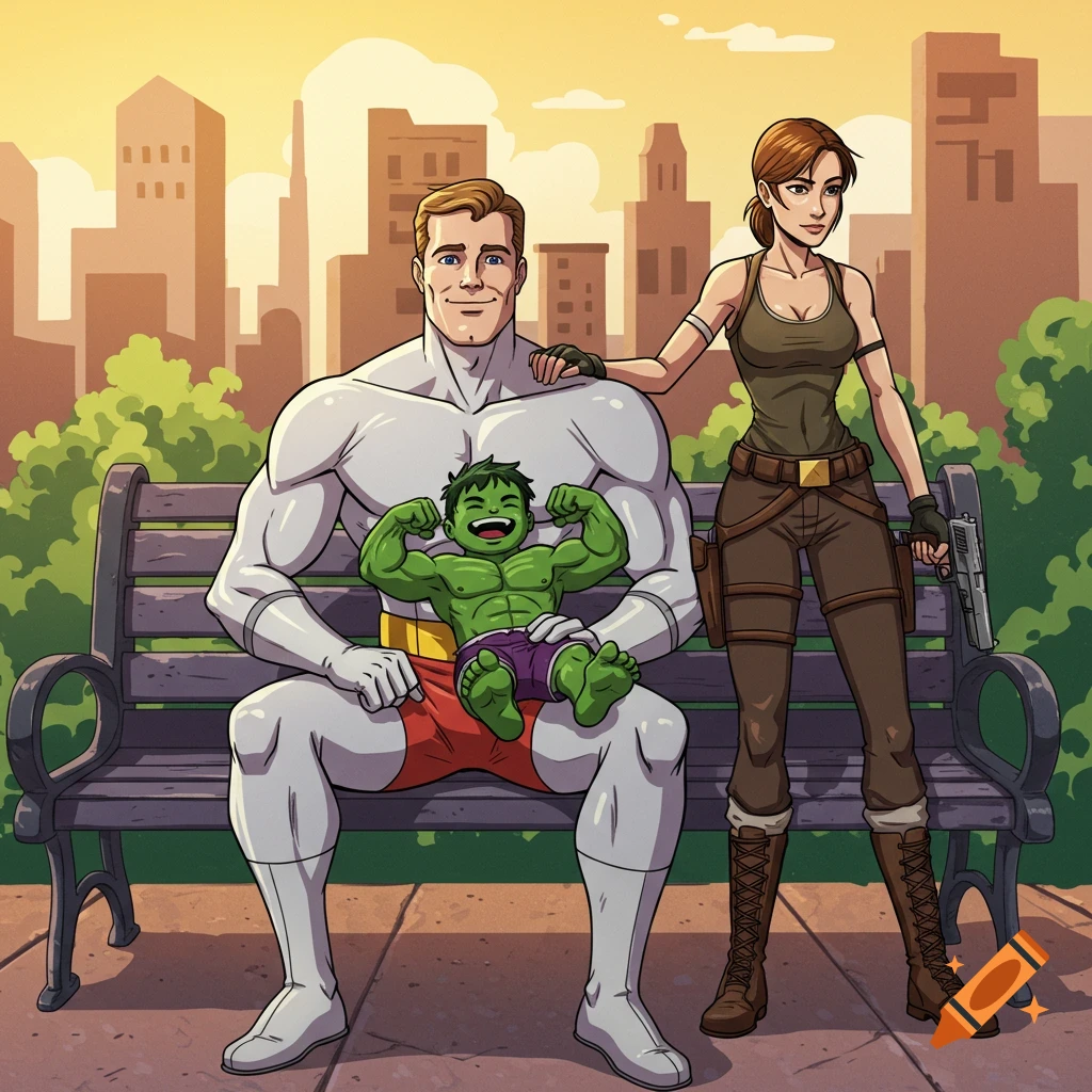 Comic art of a muscular superhero with a mini Hulk on his lap and a Tomb Raider-like woman, sitting on a park bench with a city skyline at sunset.