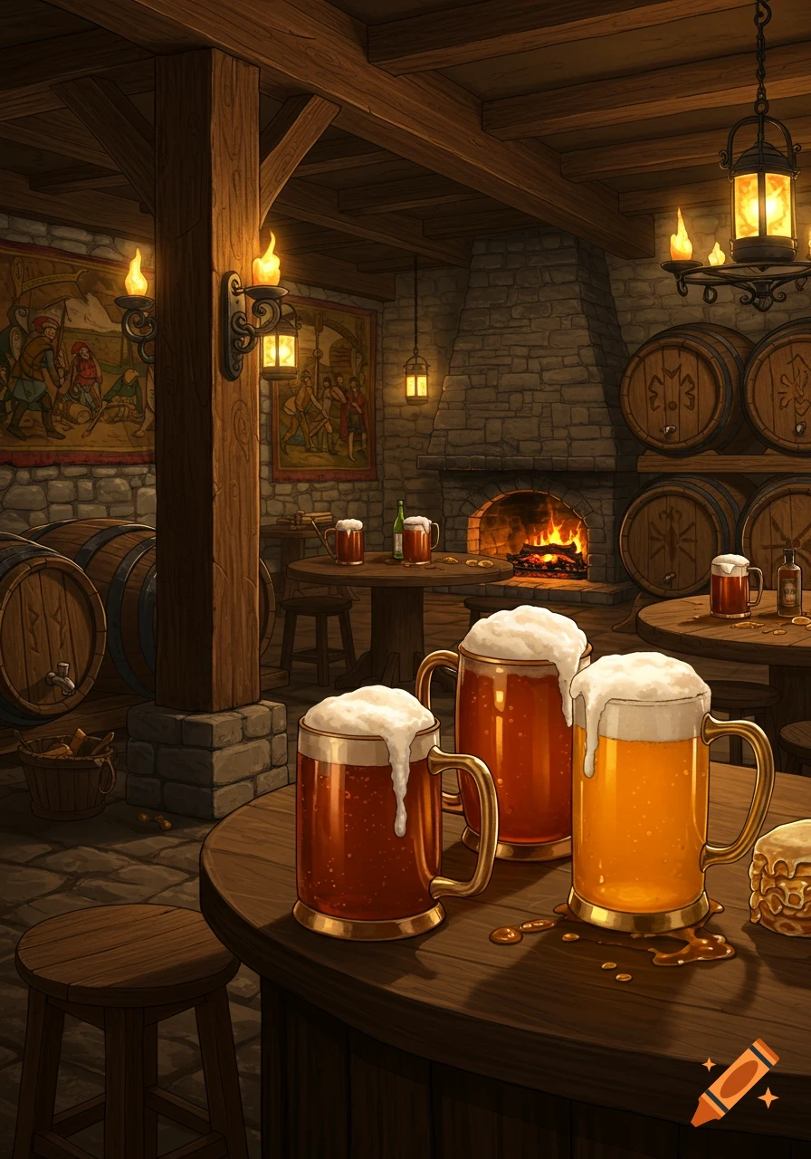 A rustic fantasy tavern interior with full mugs of beer and mead on wooden tables, barrels, a fireplace, and tapestries.