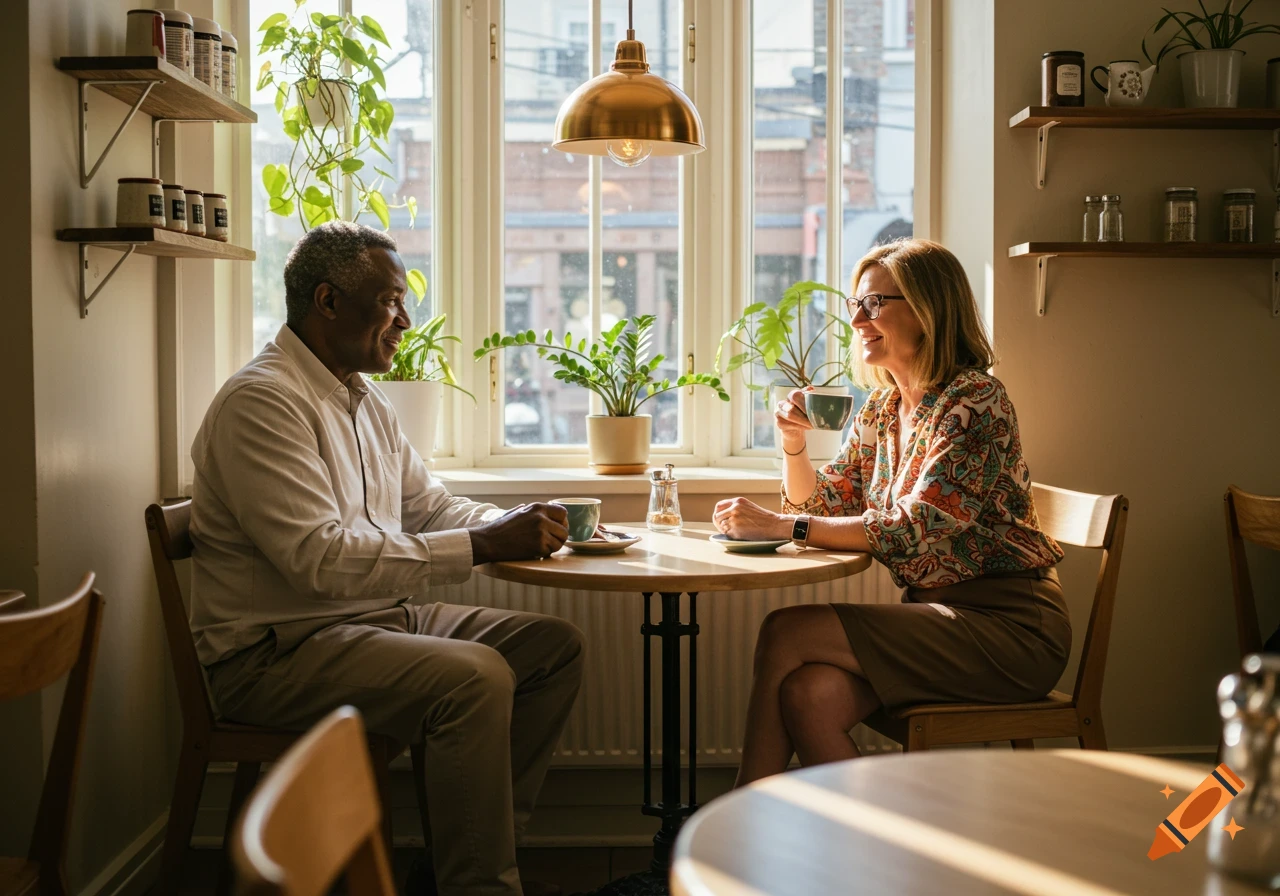 An older Black man and white woman smile and sip coffee at a cozy coffee shop table by a sunlit window.