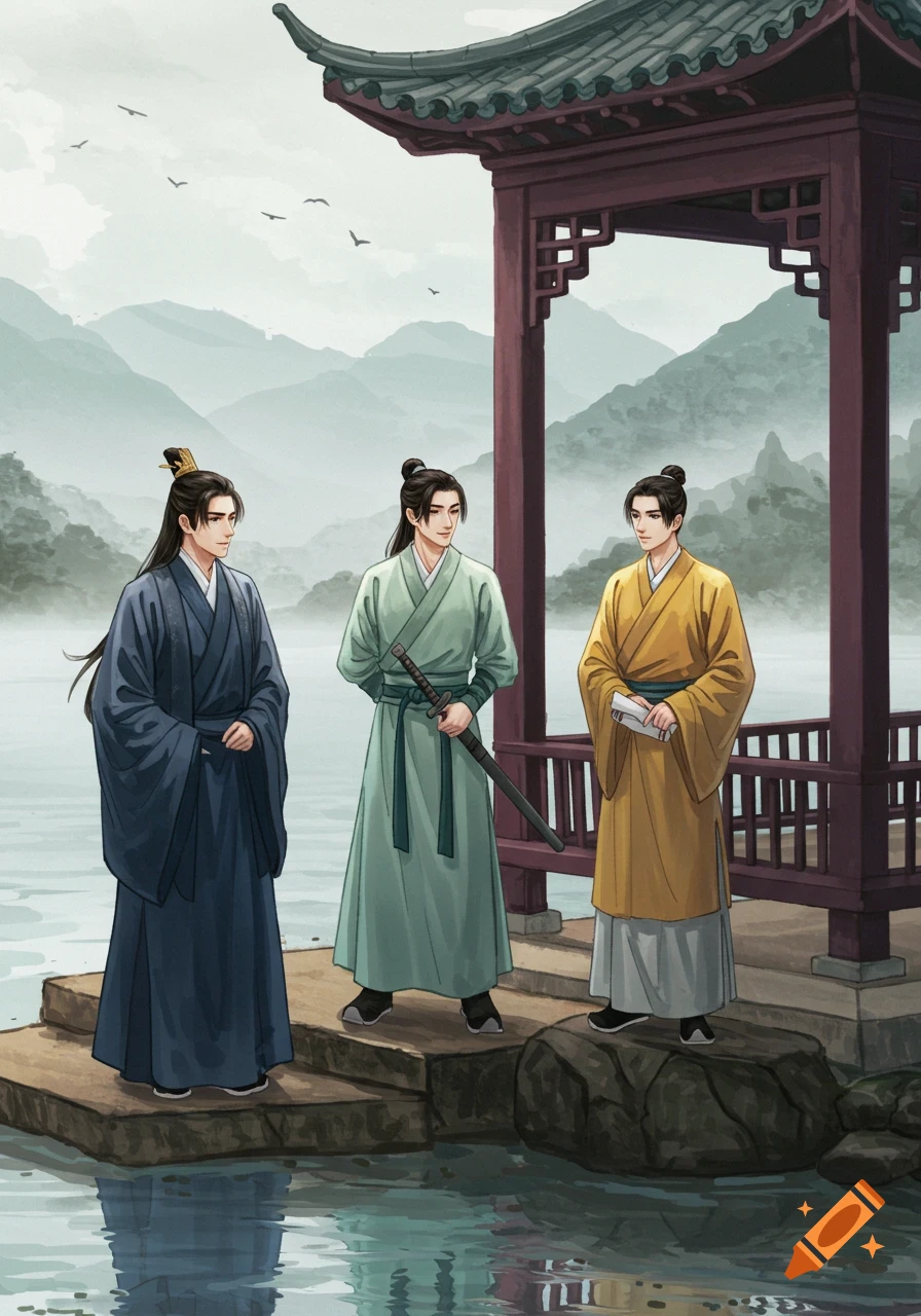 Three men in traditional Chinese robes stand by a lakeside pavilion with misty mountains in an ink painting style.