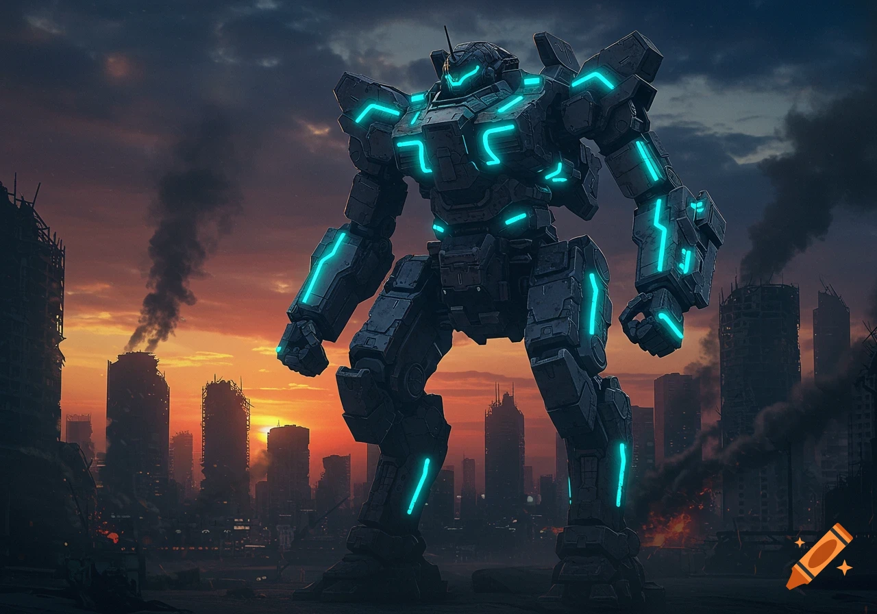 A giant, imposing dark gray mech with glowing blue accents stands in a ruined city at sunset, with smoke rising from damaged buildings.