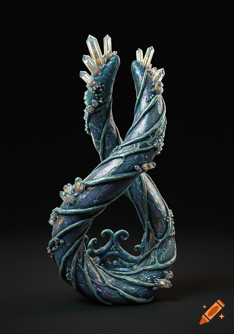 A twisted, iridescent teal and purple decorative object adorned with clear crystals and vine-like structures against a black background.