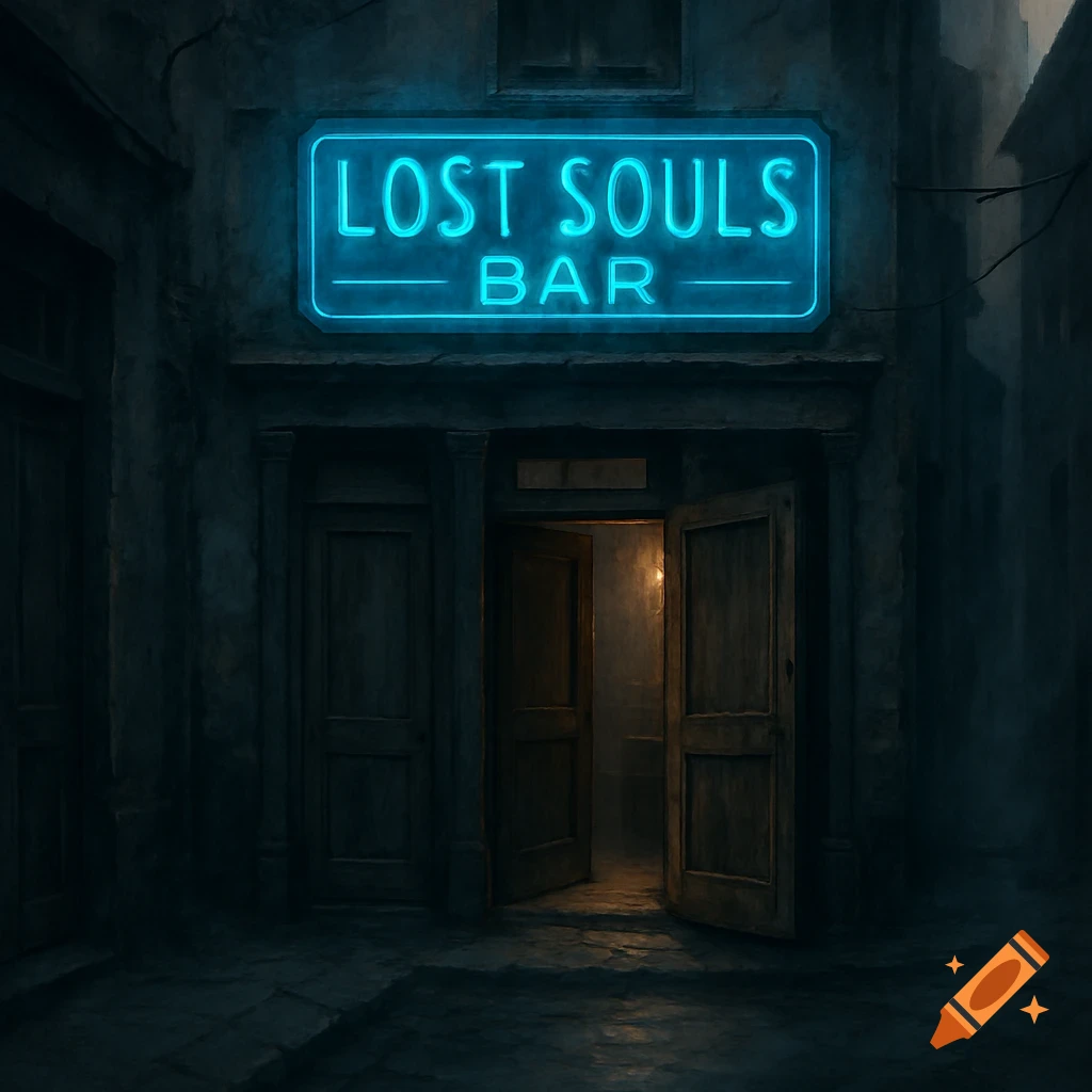 An old, run-down bar with a bright blue neon sign reading 'Lost Souls Bar' above its open doors at night.