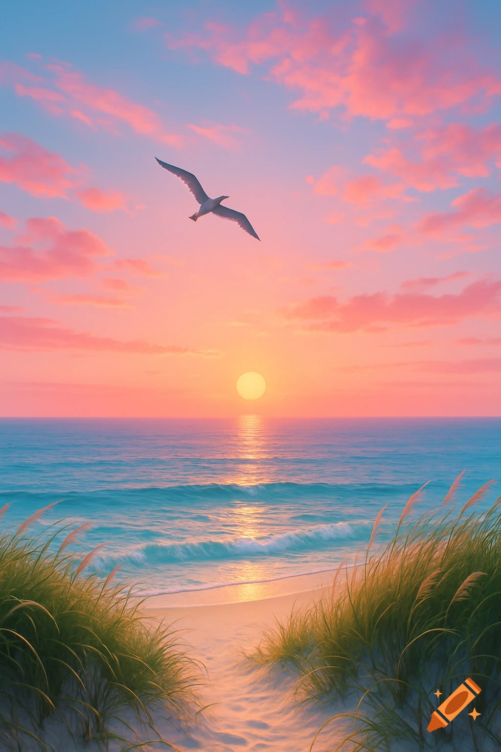A vibrant sunset over a serene beach with blue ocean waves, golden sand, and grassy dunes. A lone seagull flies in the pink and orange sky.